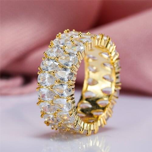 Luxury Female White Crystal Stone Ring Charm Gold Color Wedding Rings For Women Trendy Bridal Water Drop Engagement Ring