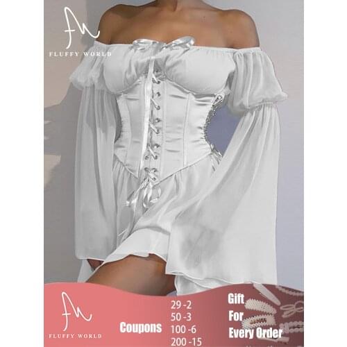 Chiffon Off Shoulder Mini Dress Solid Color Flared Long Sleeves Sundress with Corset Bandage Hollow Out Bustier 2 Pieces Set