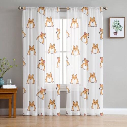 Animal Caron Cute Dog Corgi Screens Voile Tulle Sheer Curtains for Bedroom Living Room Kitchen Decor Chiffon Windows Curtain