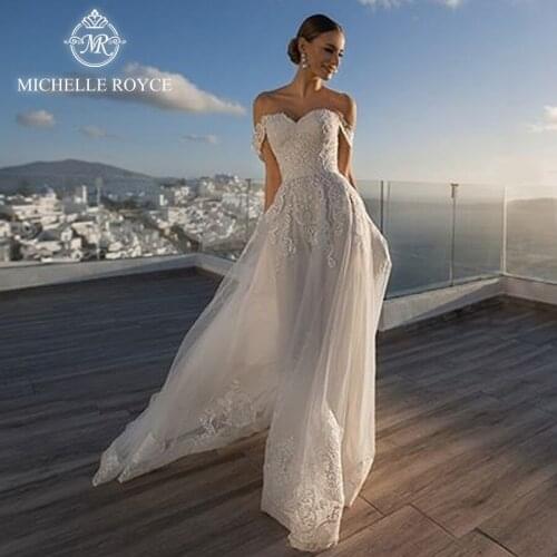 Michelle Royce A-Ling Wedding Dresses 2020 Sweetheart Off the Shoulder Lace Up Chapel Train Wedding Gowns Vestido De Noiva