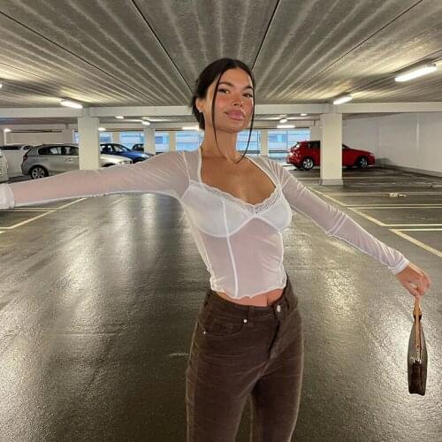 Sexy Vintage Blouse Shirts Women 2021 Summer Long Sleeve Square Neck Corset Patchwork Mesh Sheer Tops Club Sexy Beach Female