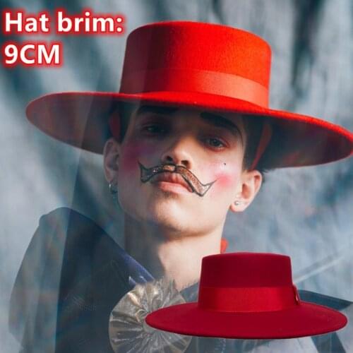 Red Fedora Hat Flat Top Wool 9cm Big Brimmed Hat Jazz Fedora Hat Men and Women Panama Fashion Hat Fedora Big Brimmed Hat