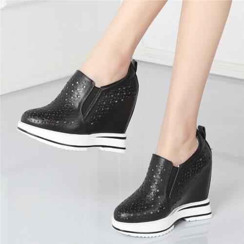 Women Genuine Leather Wedges Platform Evening Party Pumps Shoes Female Breathable High Heel Snekaers Girls Casual Travel Shoes