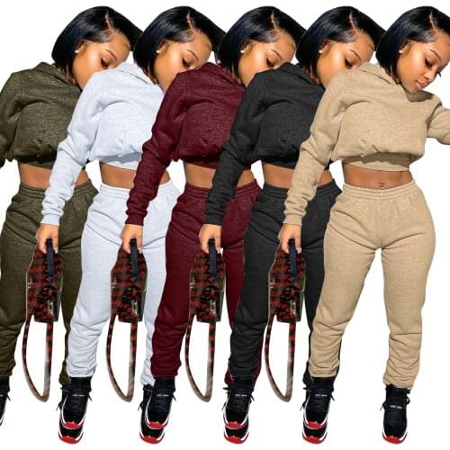Hoodie Sexy Crop Top 2 Piece Fall Set Autumn Winter Women Outdoor Casual Solid Top And Long Pants Tracksuit Sweatsuit Outfits