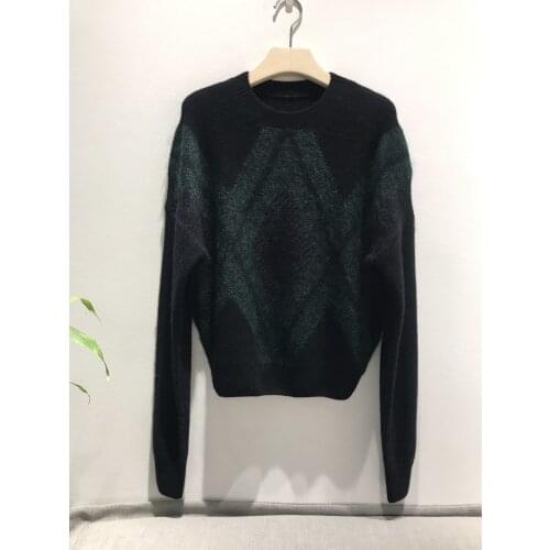 Fashion 2021 new ladies long sleeve sexy casual diamond retro round neck pure cashmere sweater 0928