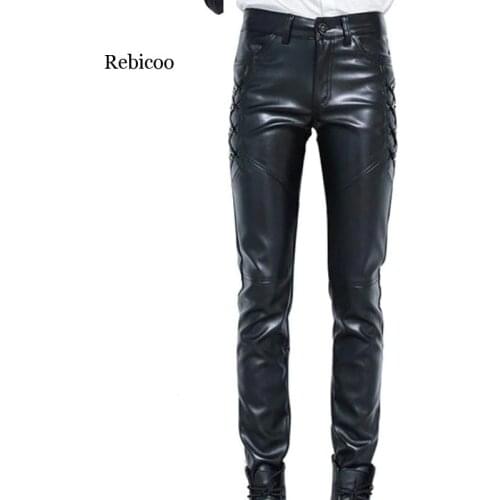 New Mens Elastic Faux Leather Pants PU Motorcycle Ridding Black Slim Fit Dance Party Trousers Biker Leather Pants For Male