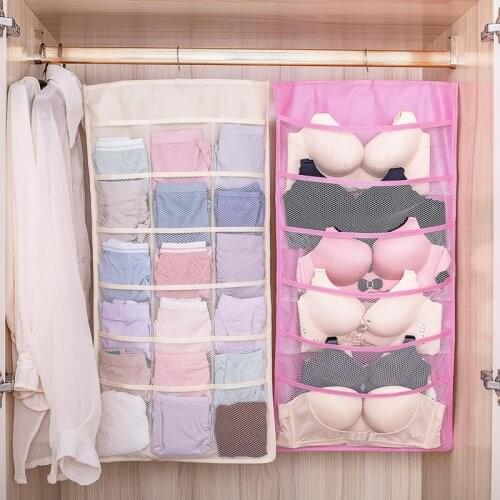 Double-sided Hanging Bag Folding Clothing Storage Bag Clear Socks Bra Underwear Rack Hanger Storage Bags Organizer for Wardrobe