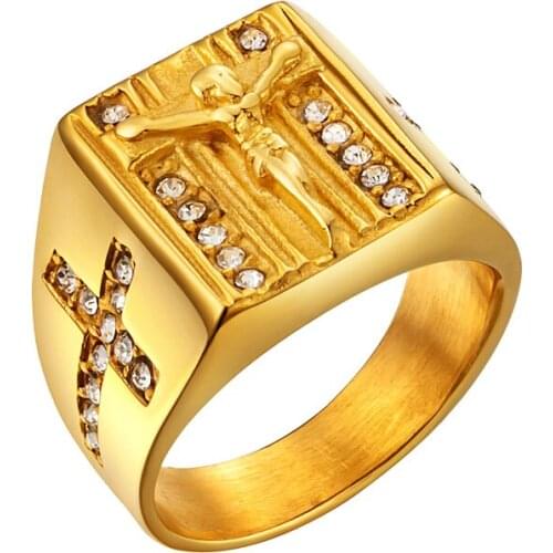 Valily White Cubic Zirconia Jesus Cross Ring for Men Gold Tone Stainless Steel Crucifix Ring Male Jewelry Anel Aneis Masculinos