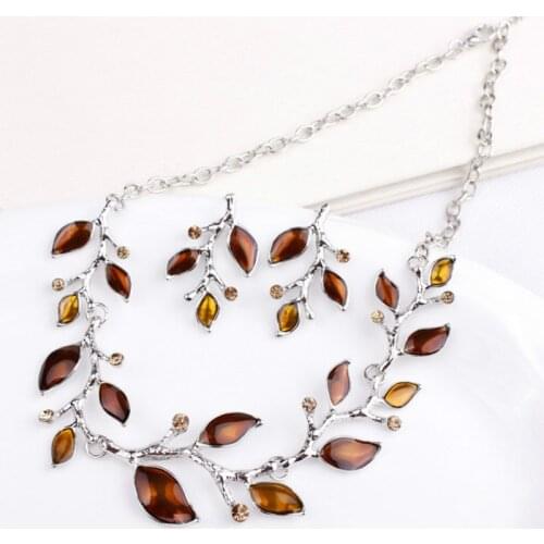 New Vintage Choker Leaf Necklace and Earrings Branch Crystal Jewelry Set 2 Pcs Leaves Enamel Jewelry Sets for Women