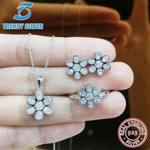 Complete pure 925 sterling silver zirconia clear CZ luxury jewelry set ring earrings for woman pendant necklace flower snowflake