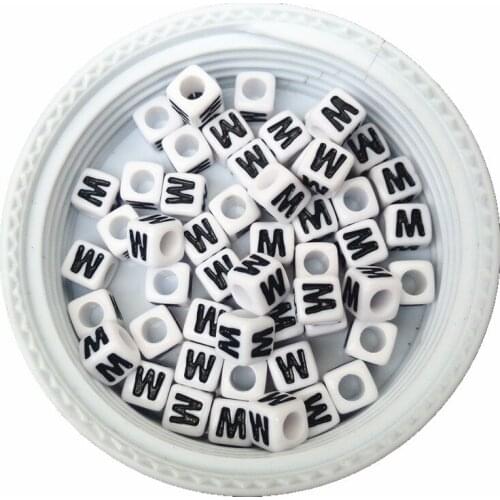 Mini Order 7*7MM acrylic letter beads 100pcs/lot white with black single initial W printing plastic alphabet beads