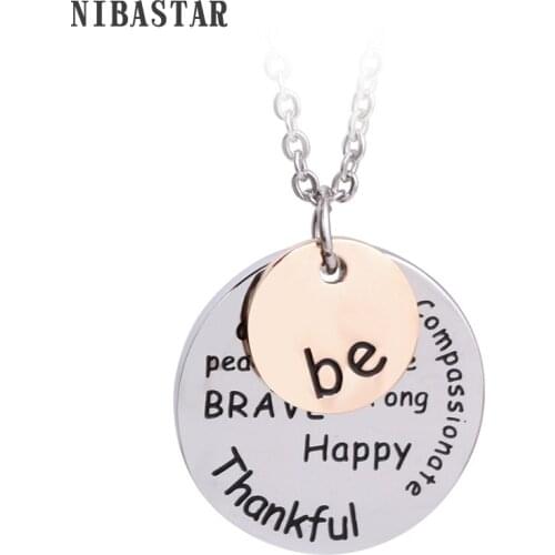 Fashion Necklace Thankful Necklace Be Happy Necklace Coin Engraved Brave Thankful Words Necklace Jewelry Gift Pendant Link Chain