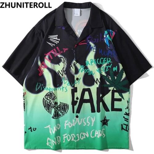 Fashion Hawaiian Beach Shirts Graffiti Flame Print Hip Hop Button Shirt Mens Harajuku Short Sleeve Holiday Party Blouse Tops