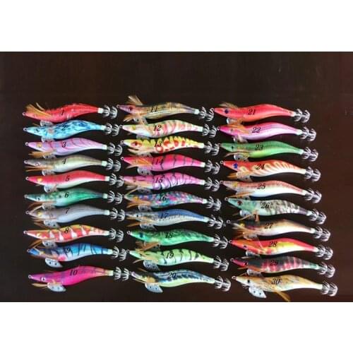 30Pcs Shrimp Fishing Lure Set Prawn Squid 2.5# 3.5# 11G 21G Hard Artificial Lure Noctilucent with Squid Jigs Hook Random Colors