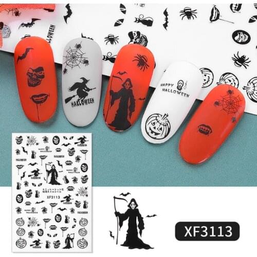 Brone Black Mix Halloween Shape Pumpkin Face Witch Spider Net Black Cat Bat Metallic Nail Art Sequins Decals stickers for nails