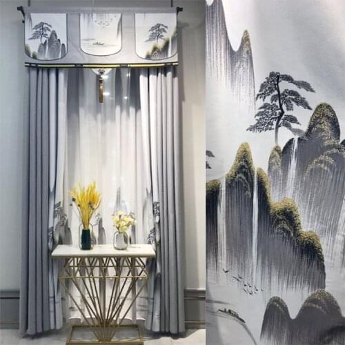 Bedroom New Chinese-Style Printed Curtains for Living Room Bedroom Stitching Shade Curtains Cotton and Linen Gray Landscape