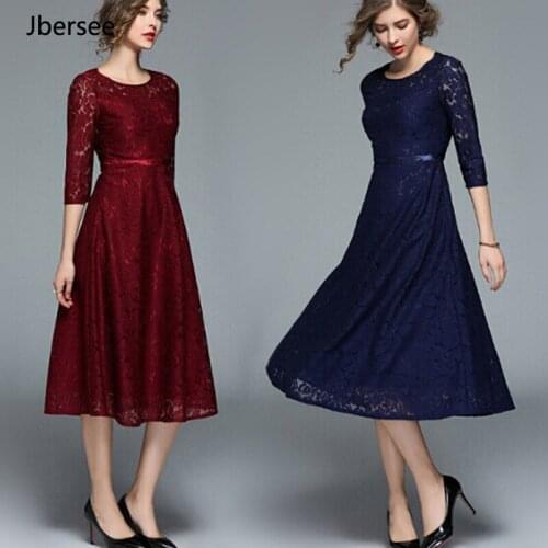 Blue Wine Red Summer Dress Women Lace Half Sleeve O Neck Dresses for Woman Night Party Wear Mid Waist Knee-Length Femme Dress