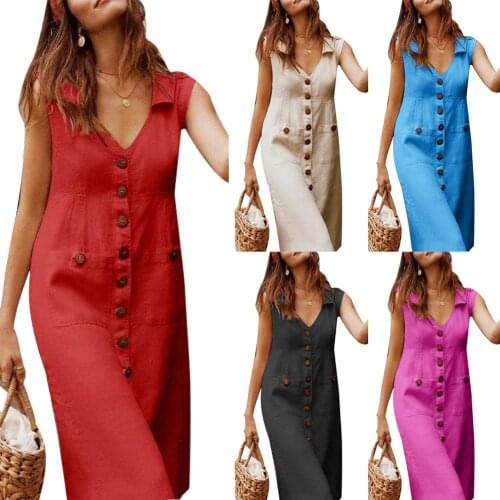 50%HOT2021 plus size summer solid color womens single-breasted V-neck sleeveless loose dress beach dress