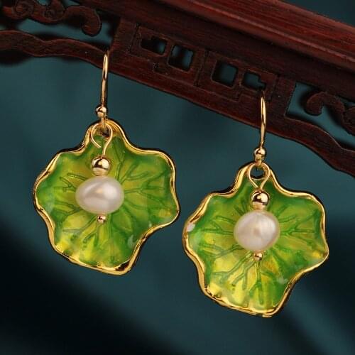 New Fashion Korean style Vintage light green Lotus leaf Drop Freshwater pearl earrings Birthday gift Ethnic Jewelry for women