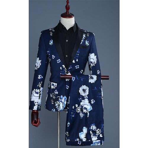 Blue print blazer men suits designs stage costumes for singers jacket mens clothes dance star style dress masculino homme