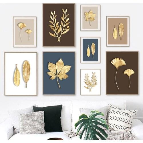 Modern Golden Plant Leaf Wall Art Abstract Canvas Painting Nordic Posters and Prints Wall Pictures for Living Room Home Decor