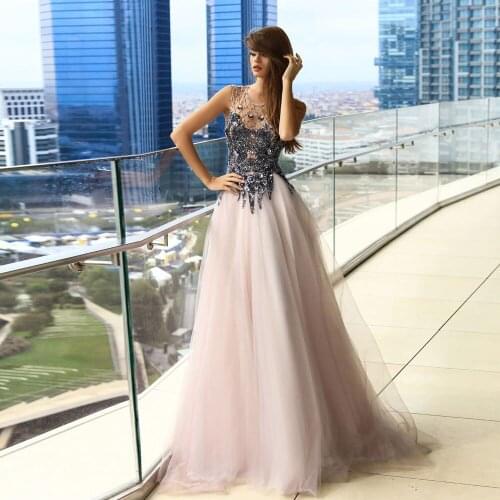 Rhinestone\Crystal Beading Paillette / Sequin A-line Net/Tulle Jewel Sweep/Brush Button Sleeveless Evening Dresses Pink
