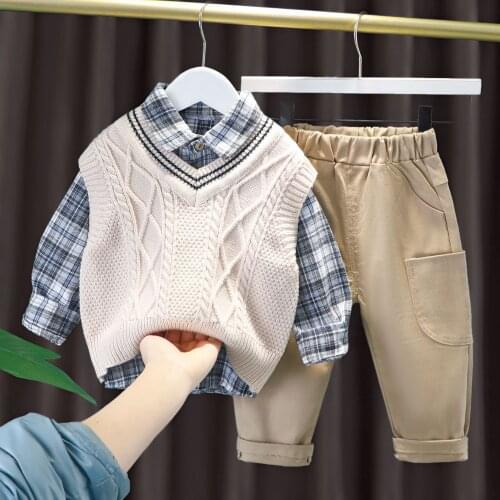 Knitting Spring Autumn Childrens Clothes Baby Boys Vest + Blouse + Pants 3pcs/Set Kids School Beach Costume Teenage Clothing