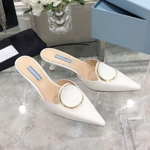 High Quality Slippers for Women Metal Decor Genuine Leather Slippers Women Heels Indoor Sandals Female Brand Fashion Pumps