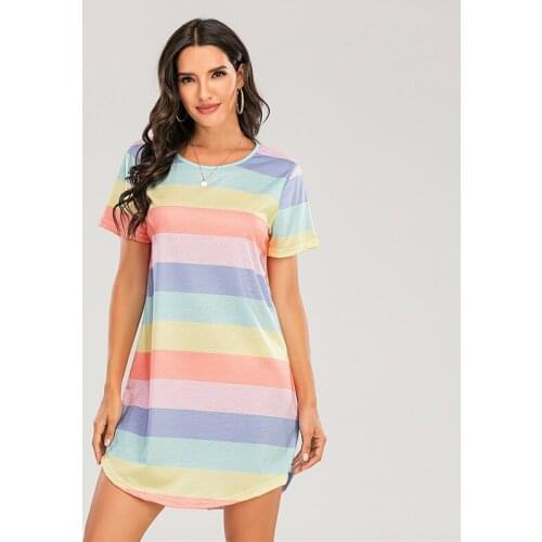 Woman Rainbow Stripe Print Nightdress T-shirt Summer Round Neck Short Sleeve Casual Loose Pajamas Striped Top Plus Size S-5XL