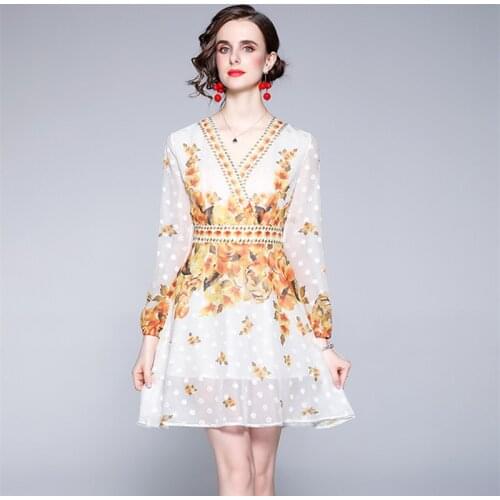 Summer Fall Runway Flower Dress Women Long Lantern Sleeve V Neck Flora Print Elegant Party Chiffon Mini A Line Vestidos k6053
