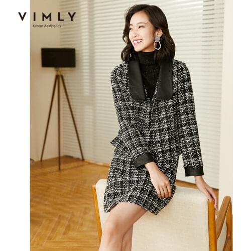 Vimly Winter Women Outfits Fashion Lapel Single Breasted Plaid Wool Short Jacket Sleeveless Dresses Female Clothing Set F3019