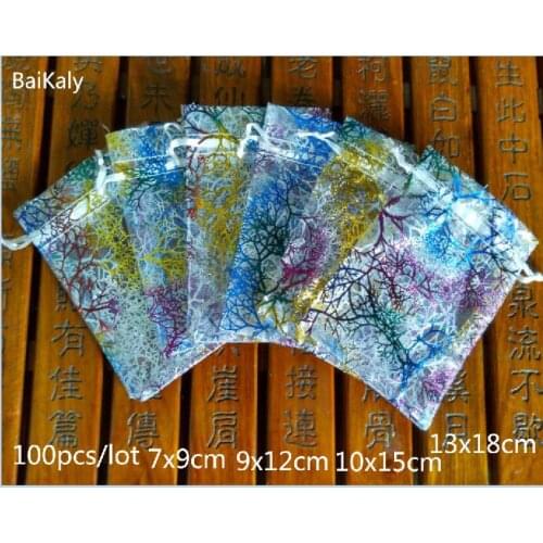 100pcs/lot 7x9 9x12 10x15 13x18cm Organza bag Wedding /party decoration favors Gift bag Jewelry Packaging Bag & drawstring Pouch