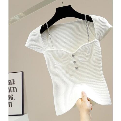 Diamond Button Chain Sling Shirt Square Collar Slim Short Ice Silk Knitted Shirts Women Elastic Knit T-shirt Tee 2021 Summer Top