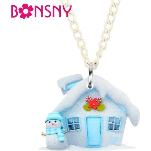 Bonsny Acrylic Christmas Sweet Cartoon Snow House Snowman Necklace Pendant Chain Jewelry For Women Girls Charms Gifts Accessory