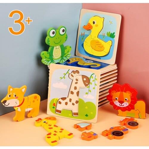 Wooden 3D Puzzle Jigsaw Baby Learning Wood Toys Cartoon Animal Puzzles Intelligence Kids Early Educational Toys For Children