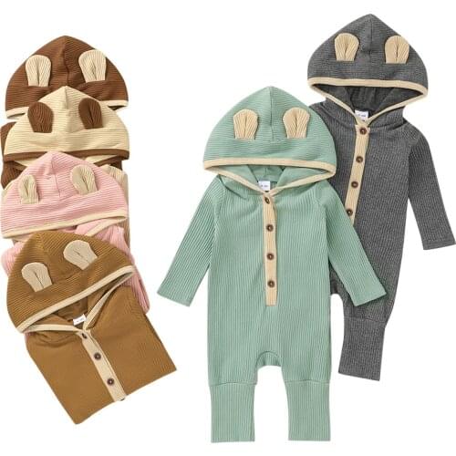 Infant Baby Girls Boys Romper Fashion Winter Long Sleeve Ribbed Button Hodded Soft Pajamas Romper Jumpsuit Newborn Kids Outfits