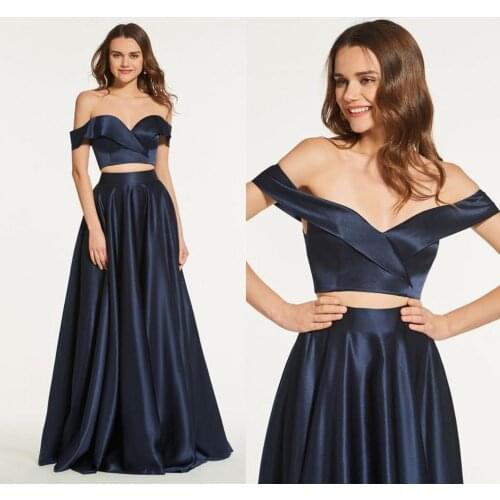 Elegant Two-piece Navy Blue Prom Dresses Fashionable Satin Off the Shoulder A-Line Long Evening Dress Prom Gowns robe de soriee