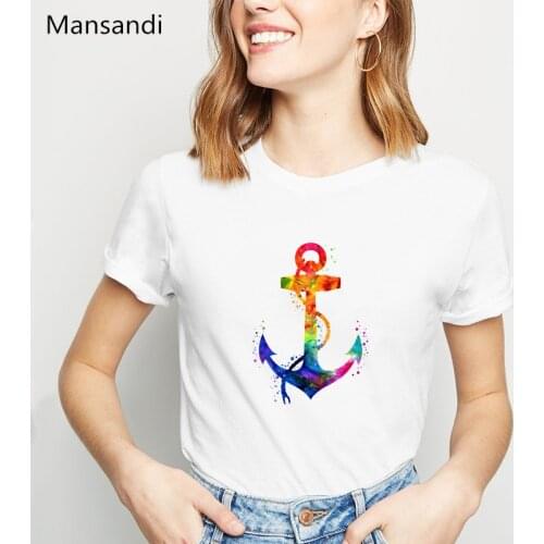 Watercolor Rose Chrysanthemum Anchor printed t shirt women clothes 2021 harajuku kawaii tshirt femme summer tops t-shirt