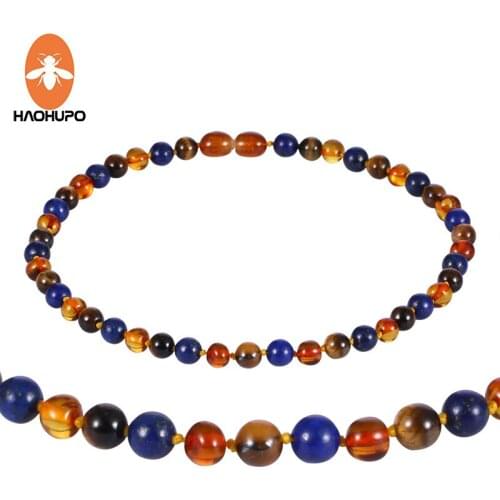 HAOHUPO Amber Teething Necklace Knotted Mix Natural Gemstone Tiger Eye Stone and Lapis Lazuli Baltic Amber Jewelry for Baby Men