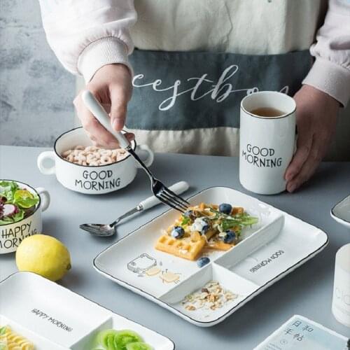 Ceramic Fruit Snack Plate Rectangular Divider Three Grid Food Container Fast Food Tray Household Tableware Childrens Plate