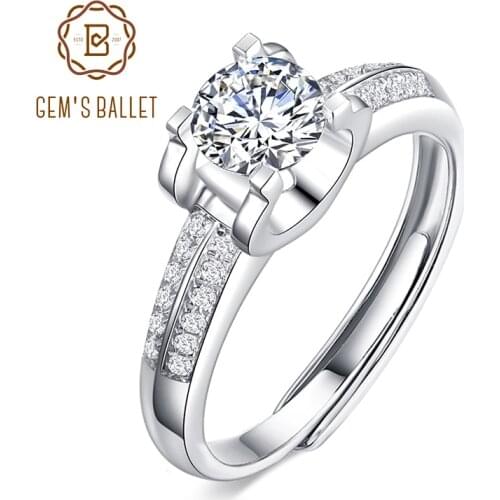 GEMS BALLET 925 Sterling Silver Mens Adjustable Rings 1.0Ct D Color 6.5mm Moissanite Diamond Engagement Promise Ring For Man