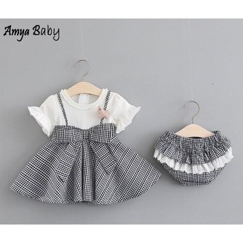 AmyaBaby Baby Girl Summer 2020 Clothing Infant Girl Outfits Plaid Dress + Shorts 2pcs Newborn Clothing Baby Clothing Sets