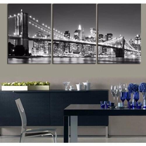 3 Pieces Night Of New York City On The Brooklyn Bridge Modern Home Wall Decor Canvas Picture Art HD Print Painting On Canvas Art