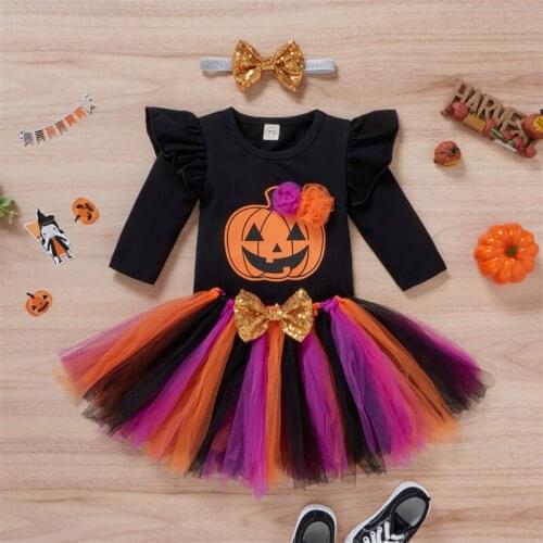 Baby Girls Three-piece Clothes Set Long Sleeve Romper Tops + Multicolor Yarn Skirt and Headdress for Halloween 0-24 Months