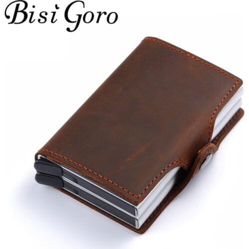 BISI GORO 2019 vintage genuine leather card holder rfid wallet aluminum unisex crazy horse leather 2 metal credit card holder