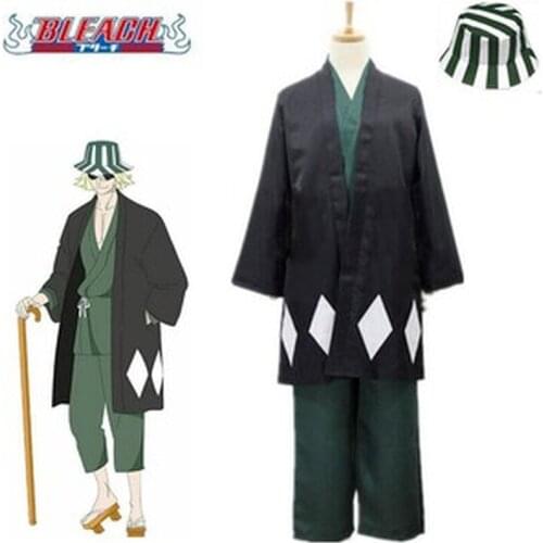 Anime Bleach Urahara Kisuke Gotei 13 Cosplay Costume Kimono Halloween for Men Women Full Outfit (Cape&Tops&Pants&Hat)