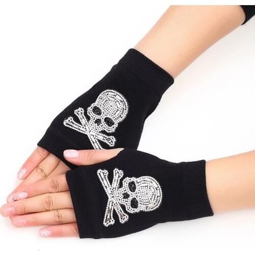 Cool Cartoon Skull Winter Rivet Hot Drilling Mitten Women Warm Knit Diamonds Sequins Fingerless Hip Hop Punk Dancing Glove G50