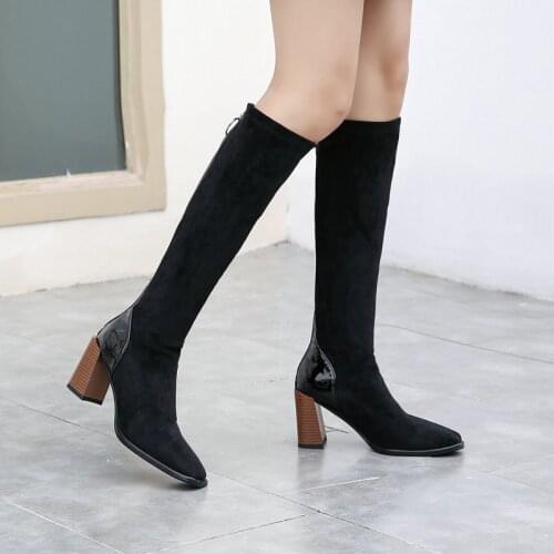 Fashion Stitching Patent Leather Knee High Boots Lady New Microfiber Square Toe Thick Heel Boots Female Metal Zipper Women Shoes