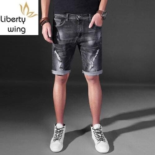 Mens Short Hot Fashion Summer Distressed Motor Man Soft Cotton Denim Knee-Length Vintage Slim Fit Jeans Trouser Male
