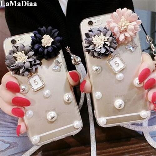 LaMaDiaa Luxury Bling Diamond Soft Phone Cases For Samsung A3 A5 A7 2017 A9 A8 A6 PLUS A50 A70 A80 Pearl Flowers Case Cover